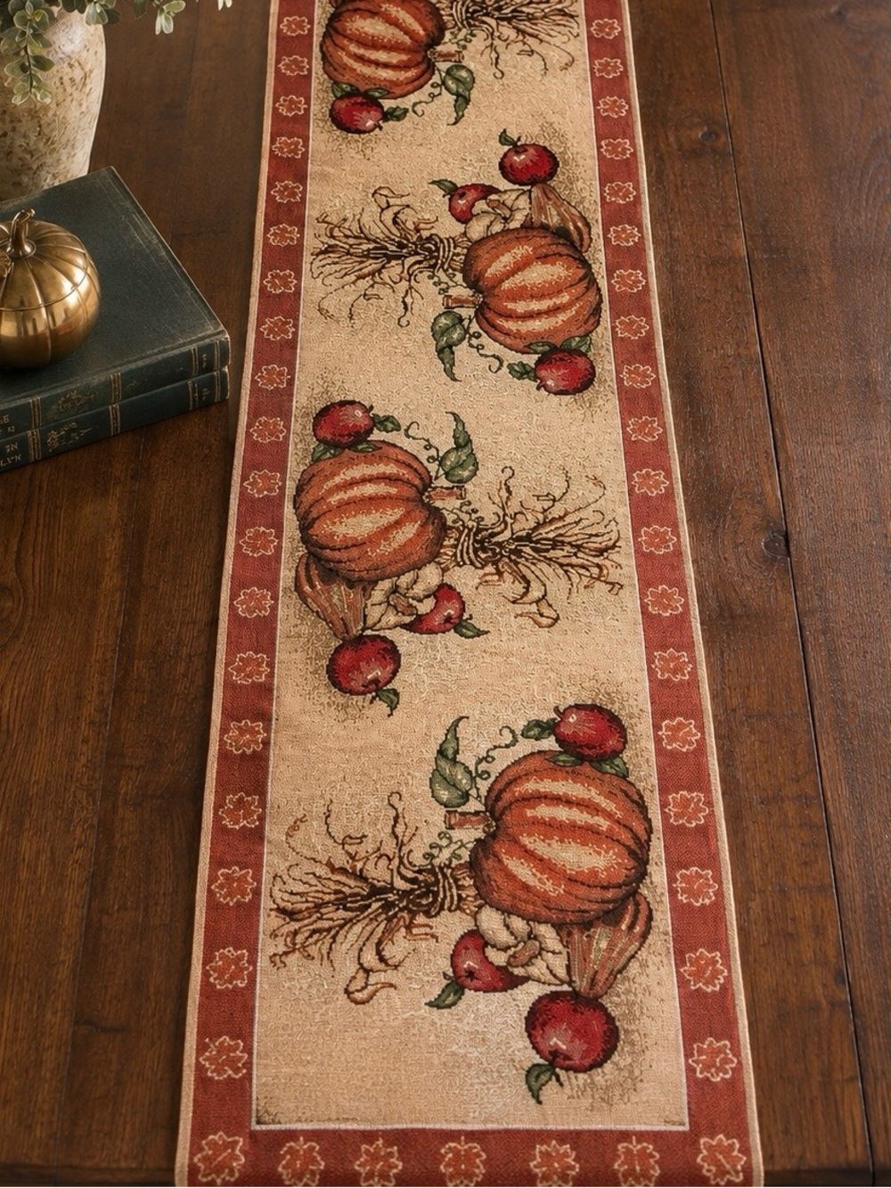 Tapestry Table Runner Vintage 90s Pumpkin Apple Harvest Fall Decor 13x68